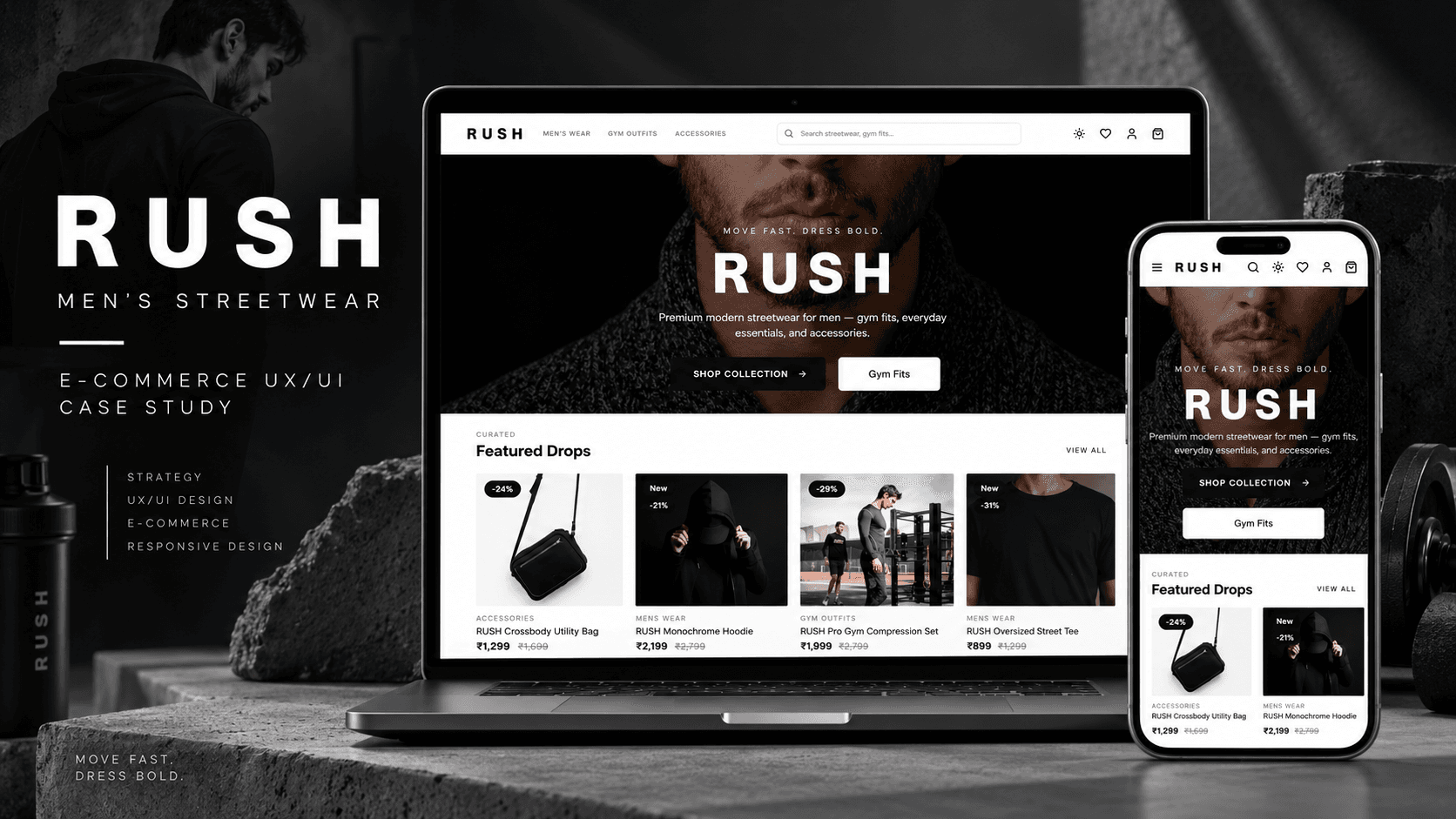 The storefront on desktop and phone: hero, categories and featured drops.